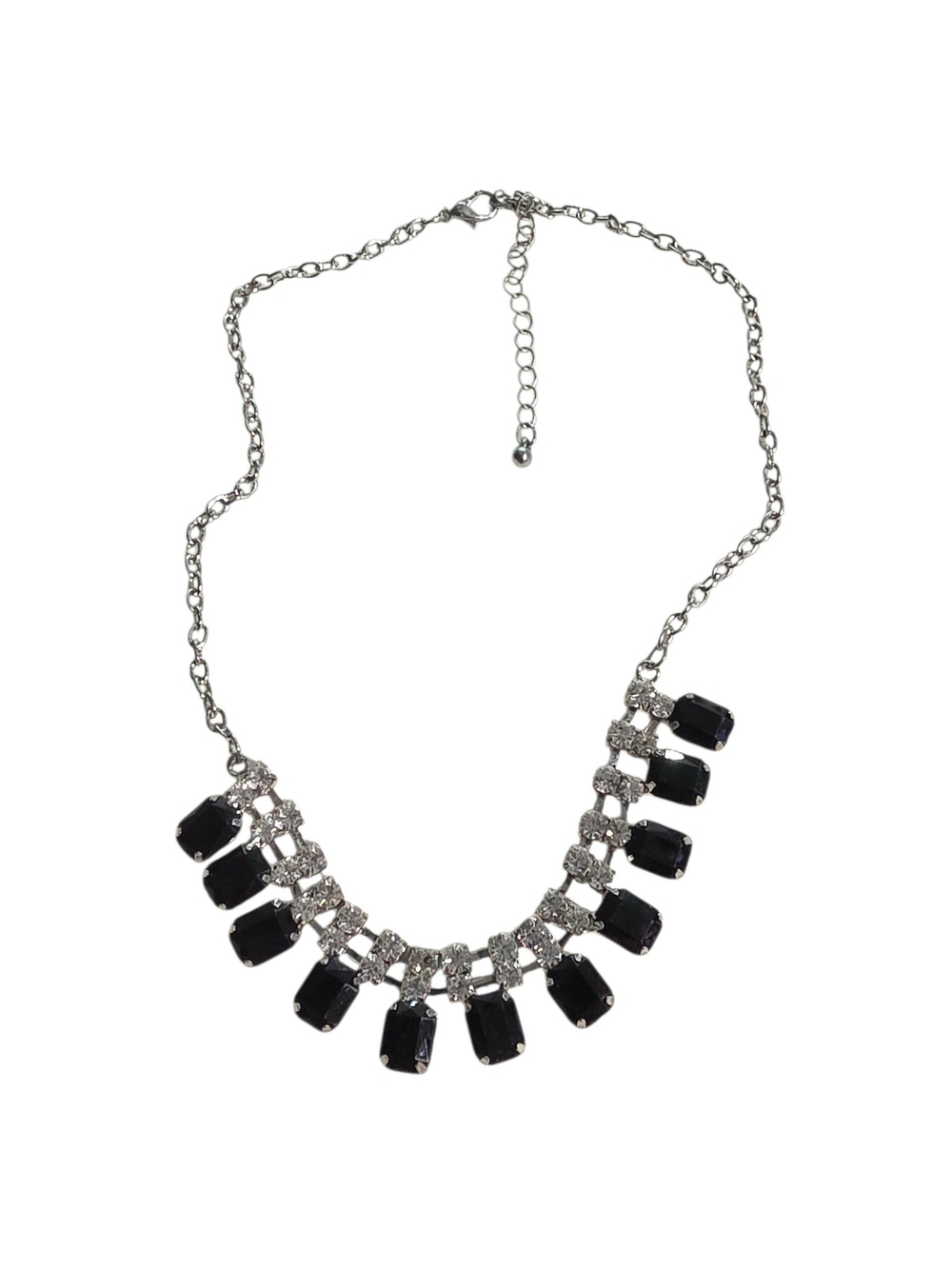 Black Crystal Drop Necklace with Silver Accents - Women Jewelry